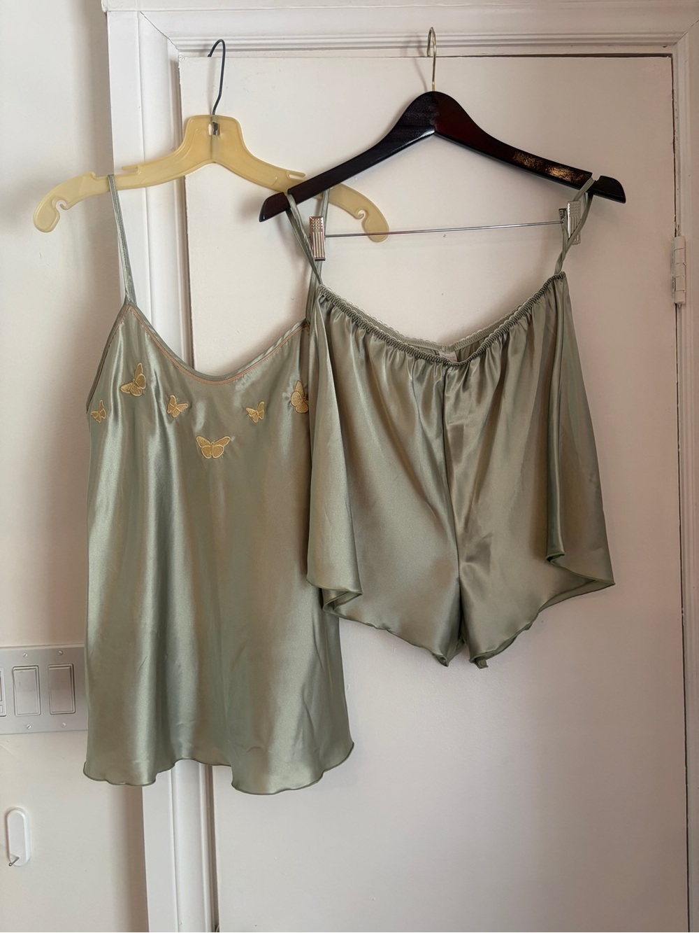 Satin Butterfly-Embroidered Camisole & Shorts Set - Sage